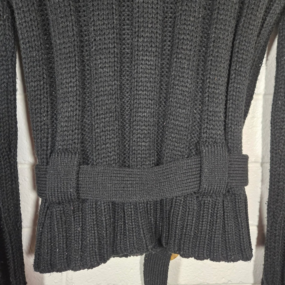 Vtg Y2K Ribbed Cable Knit Faux Fur Hood Belted Cardigan Sweater Large Chunky - Picture 8 of 8